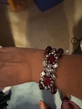 White House Black Market Maroon and Silver Beaded Bracelet with Rhinestones